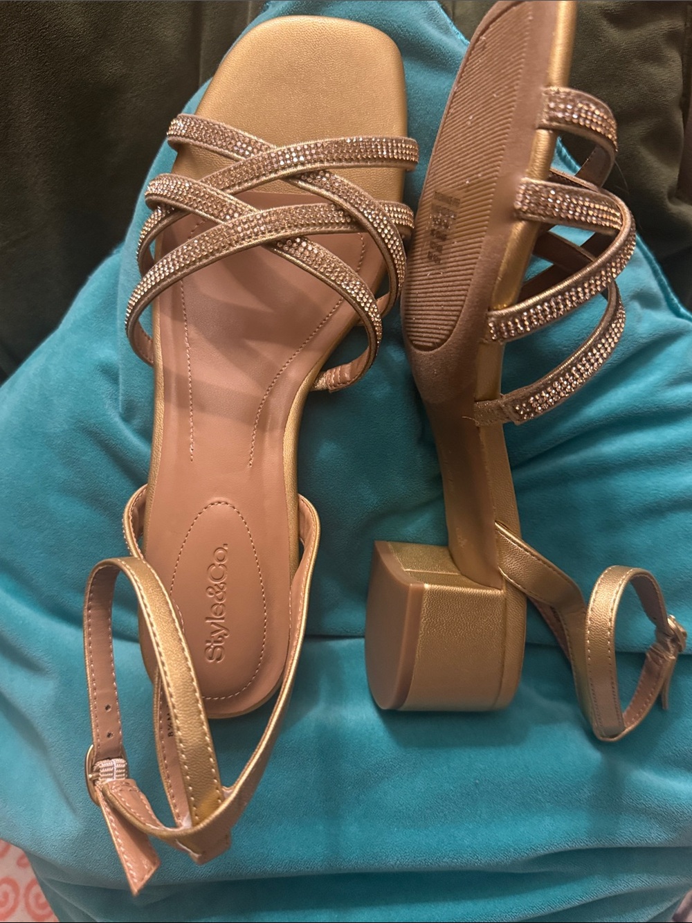 Style & Co. Rose Gold Crystal Strappy Block Heel Sandals
